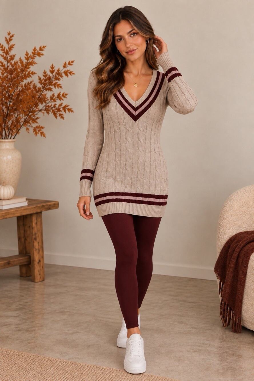 Boston Proper M Cable Knit Tunic Sweater Metallic Varsity Stripe V Neck Preppy